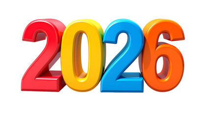 A colorful, three-dimensional rendering of the year "2026" on a stark black background