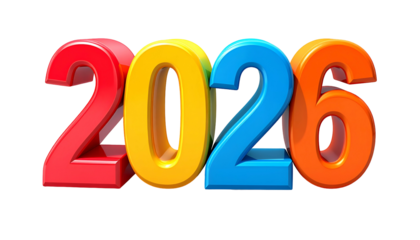 A colorful, three-dimensional rendering of the year "2026" on a stark black background