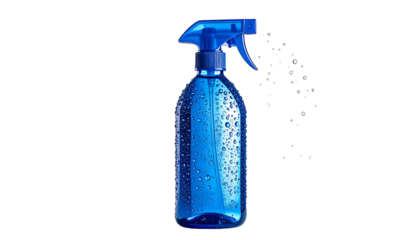 A blue spray bottle, water droplets clinging to it, spraying mist against a black background