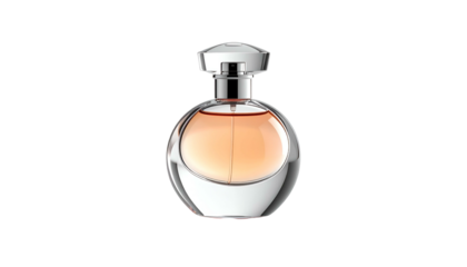 Elegant perfume bottle with a round shape, silver accents, and a peach-colored liquid inside