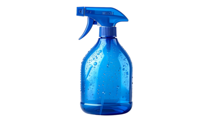 A blue spray bottle, water droplets visible, on a black background, with a sleek modern design