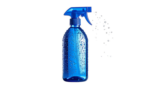 A blue spray bottle, water droplets clinging to it, spraying mist against a black background