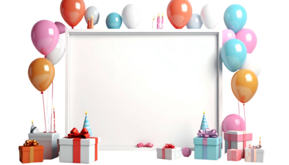 A rectangular, blank white sign is decorated with balloons, gifts, and candles