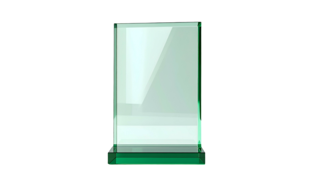 A transparent glass trophy against a stark black background, showcasing a simple modern design - Powered by Adobe