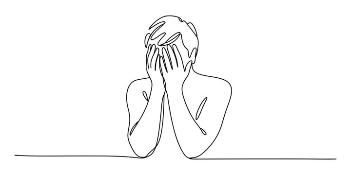 Man covering face with hands, one line drawing, stress and despair concept