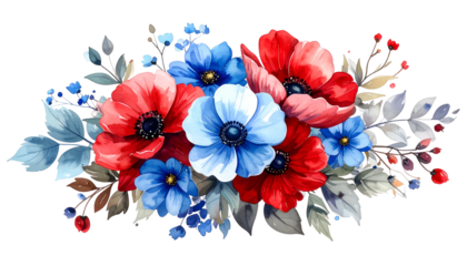 Watercolor floral arrangement featuring red & blue anemones, with berries & leaves