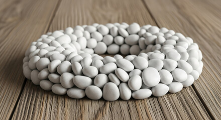 Round Spiral of White Pebbles Resting on Wooden Floor