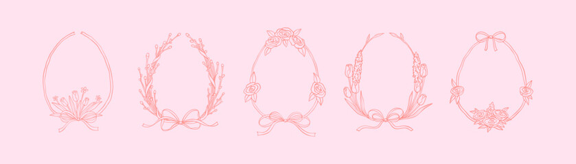 Set of pink floral Easter frames with cute bows. Whimsical doodle coquette wavy ribbon border. Aesthetic pastel filigree background in vintage victorian style. Willow and spring flowers wreath