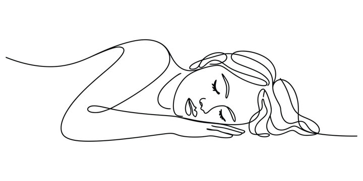 Minimalist continuous line drawing of a sleeping woman resting her head