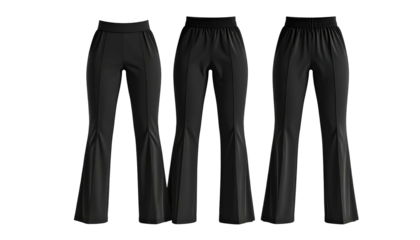 Three identical black, bell-bottom pants on a dark background. Front view, studio shot
