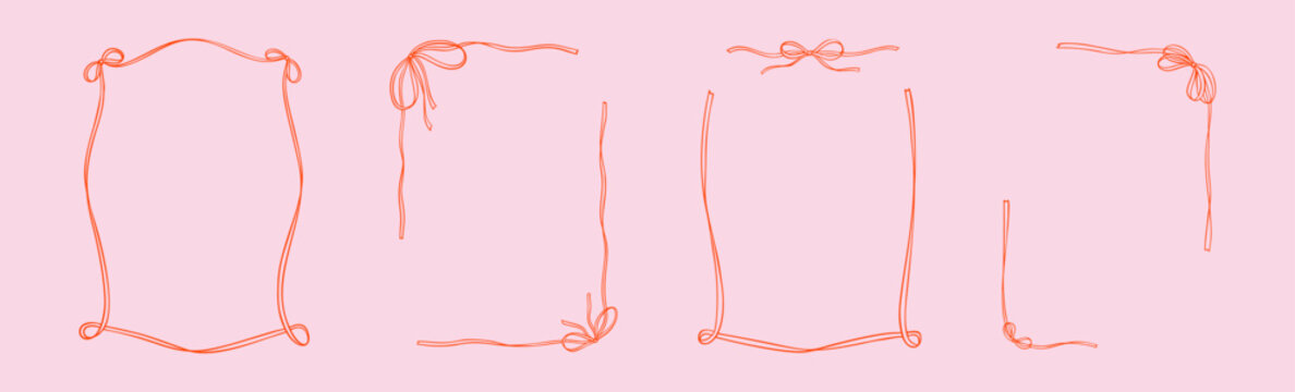 Set of hand drawn crayon doodle whimsical coquettish frames with cute bow. Bachelorette party, Christmas greeting card, Italian, French restaurant meny design element. Rectangle victorian border
