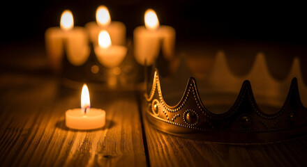 Crown and Candles on Wooden Table at Night