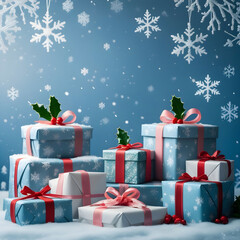 Christmas blue background with gift boxes and snowflakes