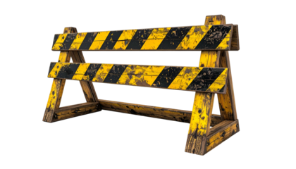 Yellow and black wooden construction barrier, angled against black background