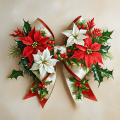 Bow ribbon with flowers of Christmas and leafs