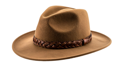 A felt fedora with a braided leather band, isolated against a solid black background