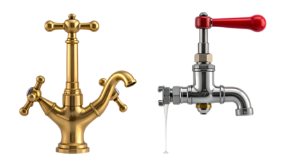 Two detailed, antique-style water faucets in gold and chrome, isolated on black