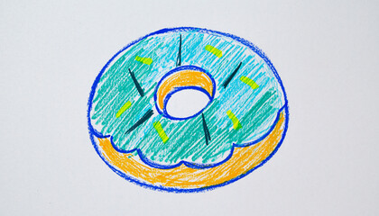 Colorful Hand Drawn Donut with Blue Green Frosting.