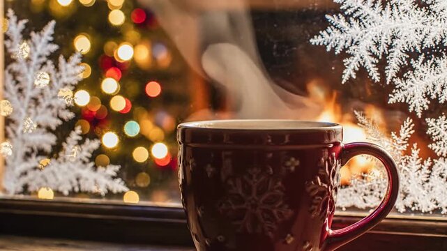 A cozy red mug with steam by a window adorned with snowflake decals, with a blurred Christmas tree and lights in the background, evoking a warm holiday atmosphere.
