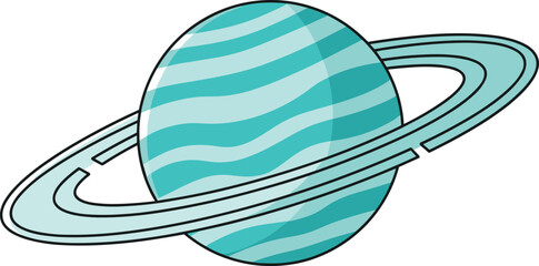 Ringed planet illustration, cartoon Saturn style, blue gas giant with rings, isolated on white background, space astronomy vector, design, icon © Frd Art