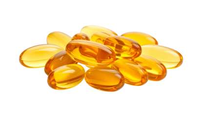 Golden oval pills, clustered on black background. Transparent, reflecting light