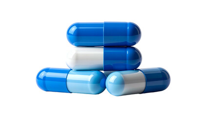 Close-up of four colorful capsules stacked on top of each other, on a black backdrop