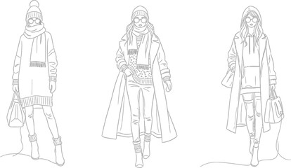 Collection of three stylish young women models showcasing various contemporary winter fashion outfits in simple outline drawing style