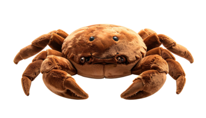 Soft, brown plush crab toy with large pincers, eyes, and segmented legs against black