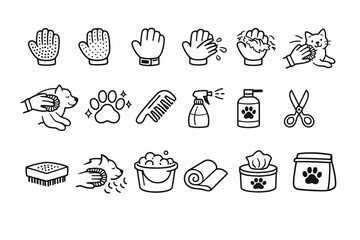 Pet grooming icons: brush, comb, wash, dry, scissors, paw care, hygiene tools