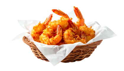 Golden fried shrimp served in a woven basket with white paper