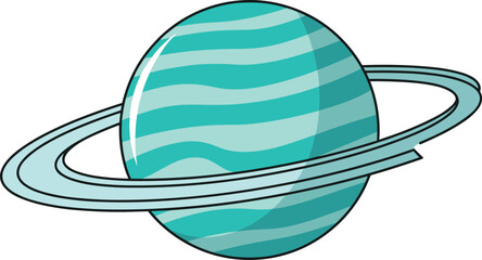 Ringed planet illustration, cartoon Saturn style, turquoise gas giant with rings, isolated on white background, space astronomy vector icon, design © Frd Art