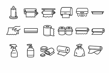 Variety of paper towel and cleaning supply icons for hygiene and organization