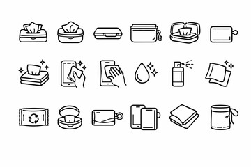 Collection of hygiene products and mobile devices outline icons