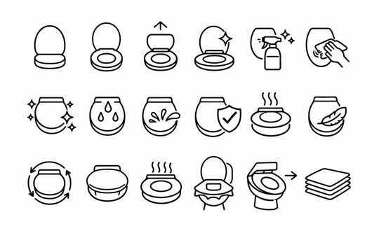 Toilet maintenance and cleaning icons set: hygiene, comfortable seats, and freshness