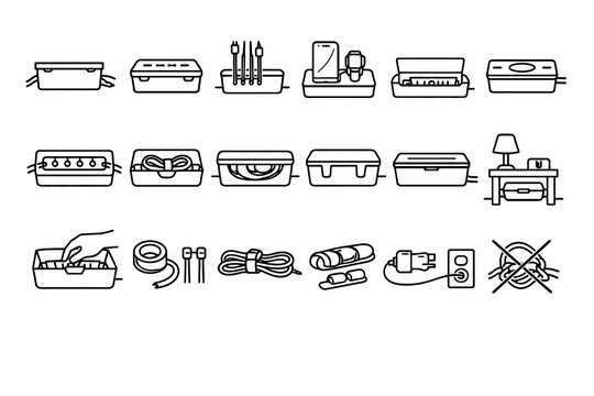 Cable management solutions: organizers, boxes, clips, and essential accessories illustrated