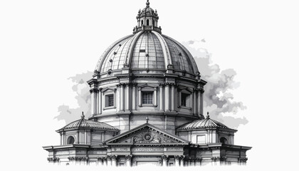 Detailed architectural sketch of a classical dome structure with ornate details