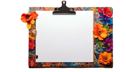 A clipboard with blank white paper, adorned with vibrant floral and patterned borders