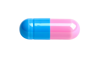 A close-up of a blue and pink capsule against a black background