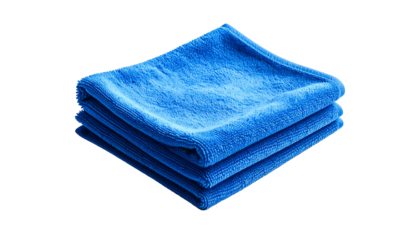 Stacked, bright-blue microfiber cloths, neatly folded, on a black background