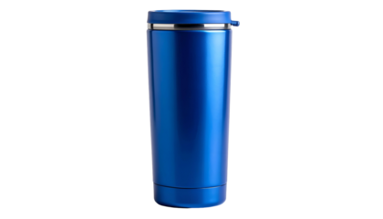 A sleek, tall, blue insulated tumbler stands alone against a black background