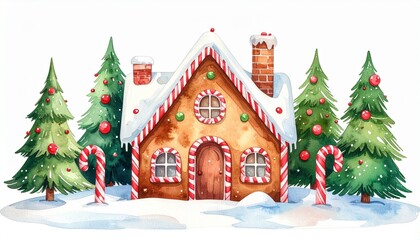 Whimsical gingerbread house with candy decorations and snowy trees, evoking festive charm and holiday magic.