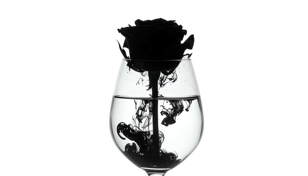 A black rose sits in a wine glass; ink diffuses in water creating an abstract design - Powered by Adobe
