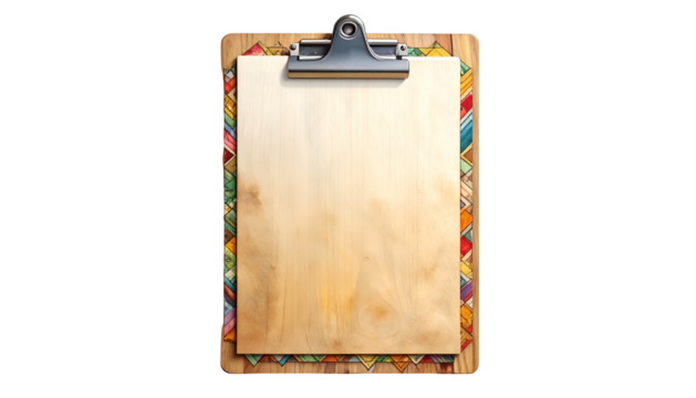 A wooden clipboard featuring a blank paper sheet, with a colorful geometric border - Powered by Adobe