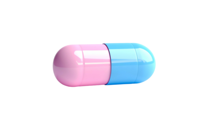 A vibrant, close-up capsule with a pink half and a blue half, against black
