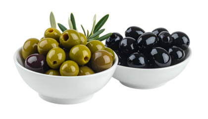 Two bowls of olives green stuffed and black whole, with olive branch accents