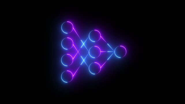 Neon blockchain network icon glowing with connected nodes and futuristic digital technology, abstract data structure concept on dark background.