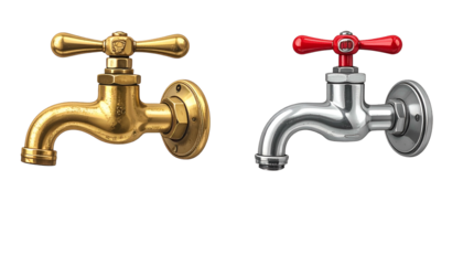 Two metallic faucets, one gold, one silver, with red handle, against a black background