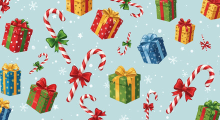 Colorful christmas presents and candy canes on light blue background with snowflakes festive holiday pattern