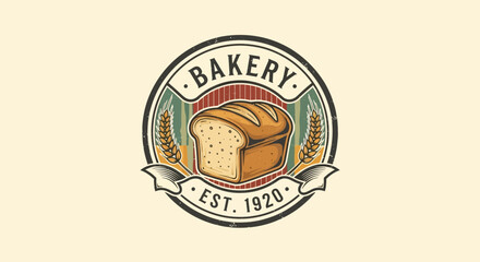 Vintage bakery logo with bread loaf and wheat stalks on cream background, retro style emblem