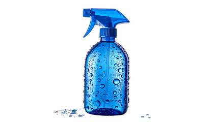 Blue spray bottle covered in water droplets against a stark black background